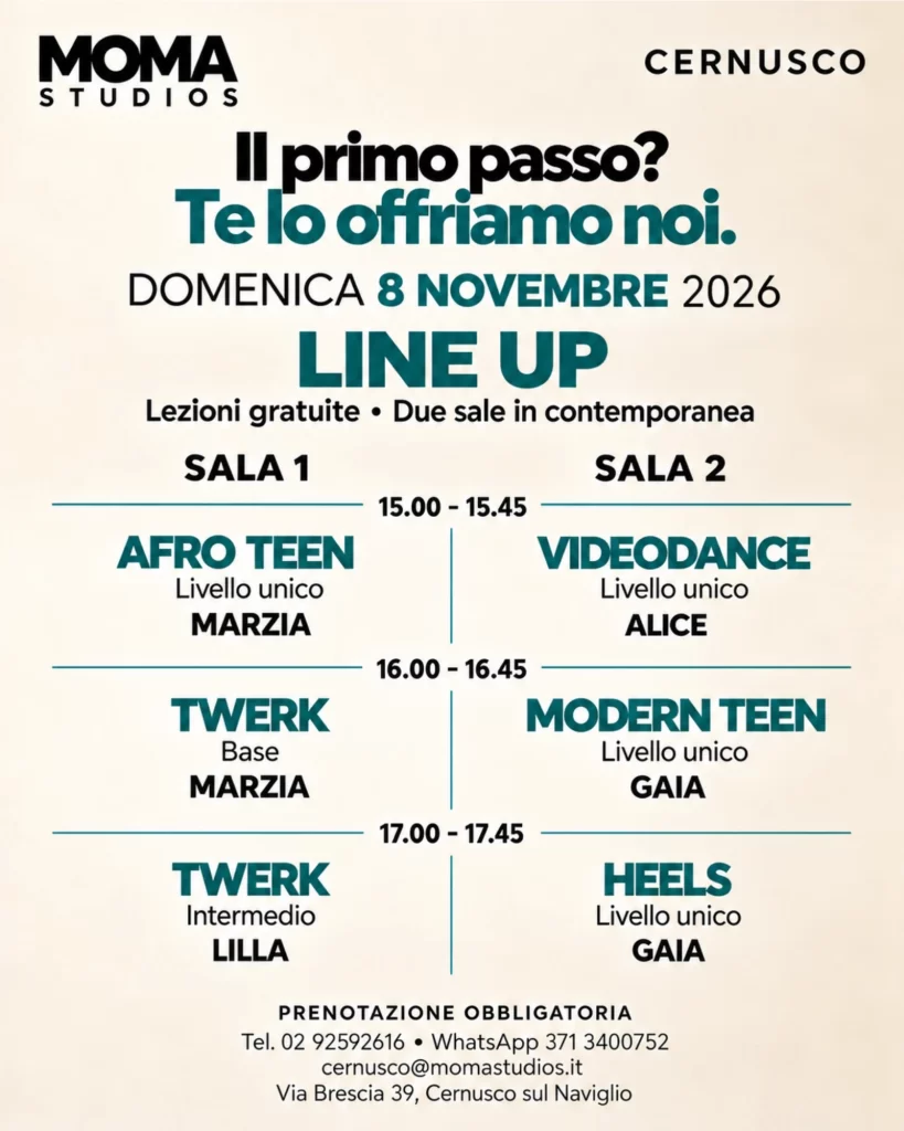 Line up Open Day Moma Studios Cernusco 8 novembre 2026