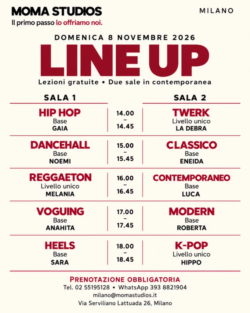 Line up Open Day Moma Studios Milano 8 novembre 2026